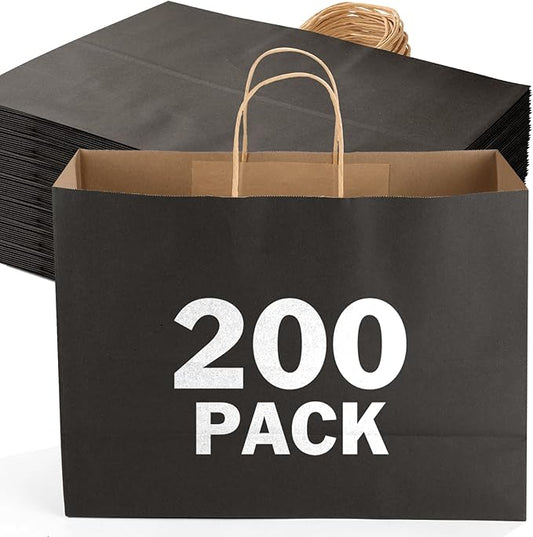 XPCARE 200Pack Large Paper Gift Bags with Handles Bulk,16x6x12 Inch Plain Natural Kraft Bag Packaging Black Paper Bags for Birthday Party Boutiques Business Retail Stores Merchandise
