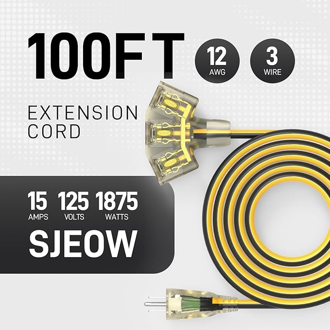 100FT Outdoor Extension Cord 12/3 Gauge Heavy Duty, 3 Prong Outlets with LED Light, 15A 1875W, ETL Certified, Locking Plug, Weather Resistant for Lawn Mower, Tools, Christmas Lights