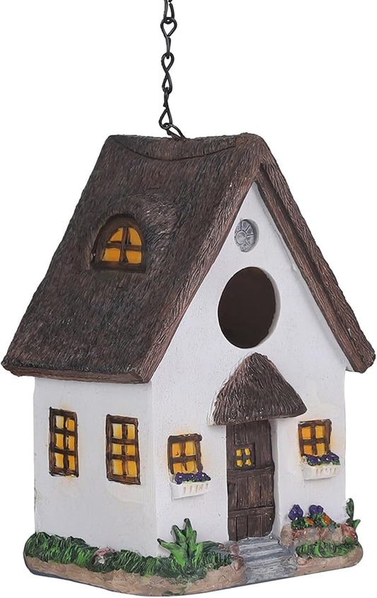 White Resin Cottage Bird House Brown Roof, 1.5" Entry Hole for Small Birds Wrens Sparrows, Rustic Cottage Style Nesting Box, Weatherproof Backyard Garden Decoration
