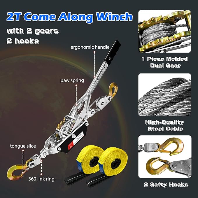 Come Along Winch 2-Ton with Two 1" x8FT Lifting Sling Heavy Duty Power Cable Come Along Tool with Dual Gears 7 Ft 2 Hooks Cable Winch Puller for Recovery Gear