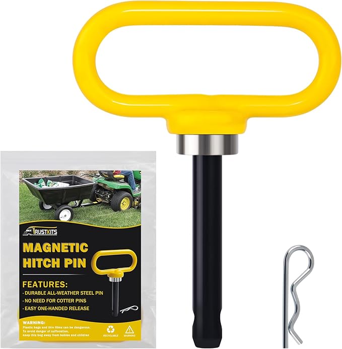 Magnetic Hitch Pin, Heavy Duty Ultra Strong Neodymium Magnet Lawn Mower Trailer Gate Pins Accessories 1/2 Inch for Mowers, Lawn Tractors, Towing - Simple One Handed Hook On & Off(Yellow)
