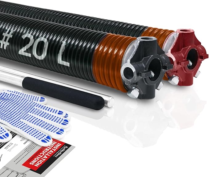Pair of 2" Garage Door Torsion Springs Set with Non-Slip Winding Bar & Gloves,High Precision Electrophoresis Black Coated, for Replacement & Installation, MIN 16,000 Cycles (0.192x2''x20'')