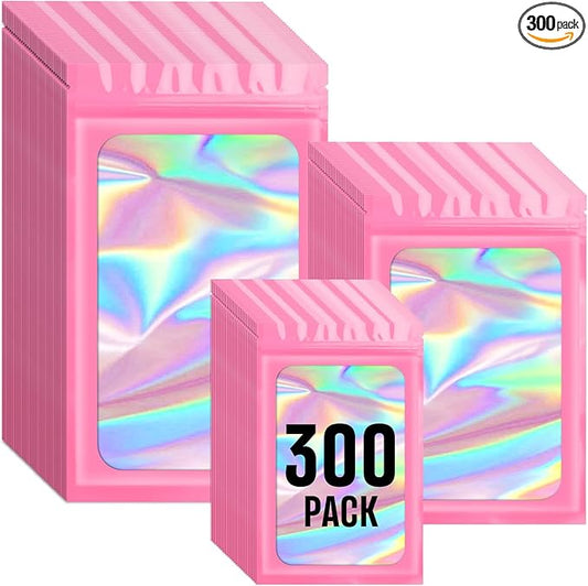 Funfery 300 Pack 3 Size Mylar Holographic Bags with Clear Window, Resealable, Smell Proof, Zipper Foil Bags for Food Storage, Sample, Small Business (Pink, 3x4.7, 4x6, 4.7x7.9in)