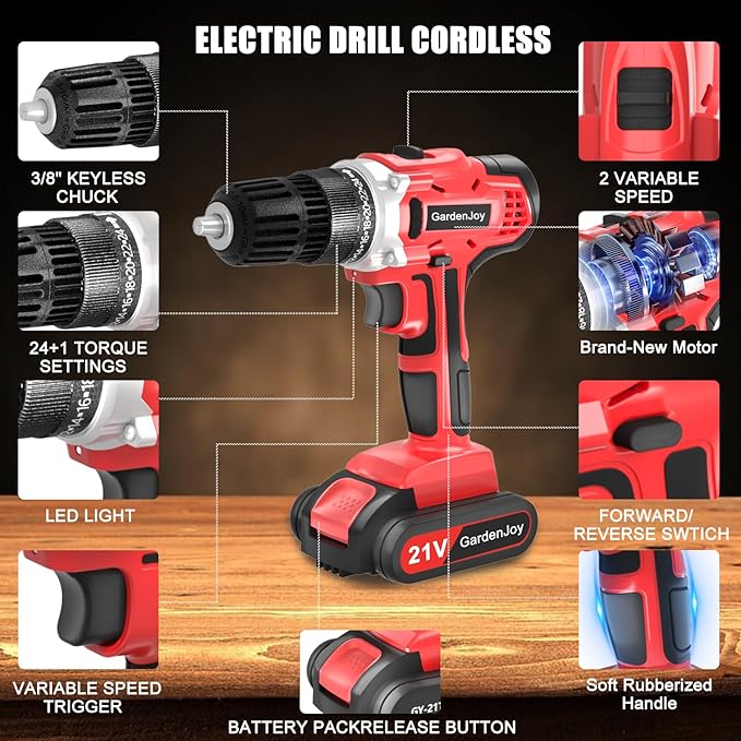 GardenJoy 20v Cordless Drill Set, Power Electric Kit Battery With Charger 30Nm 2-Speed 3/8" Keyless Chuck 24+1 Position Drill Driver screwdriver Bits with LED Electric Work Light for DIY