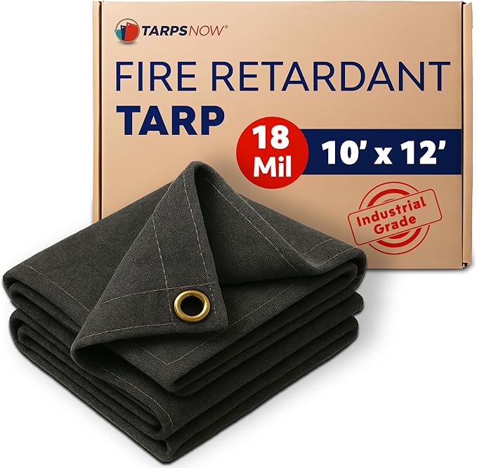 TarpsNow® Fire Retardant Tarp - 10' x 12' - 18 MIL Heavy Duty Canvas Tarp - Flame & Tear Resistant w/Brass Grommets - Best for Safety, Outdoors, Camping, Boating, Welding, Woodpile, House, Fire Pit