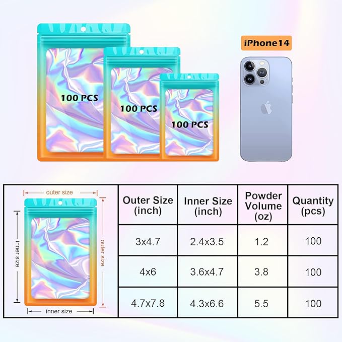 300 Pcs Holographic Mylar Bags, 3 Size Smell Proof Bags with Clear Window Foil Pouch Bags Resealable Bags for Small Business and Food Storage, Blue Orange