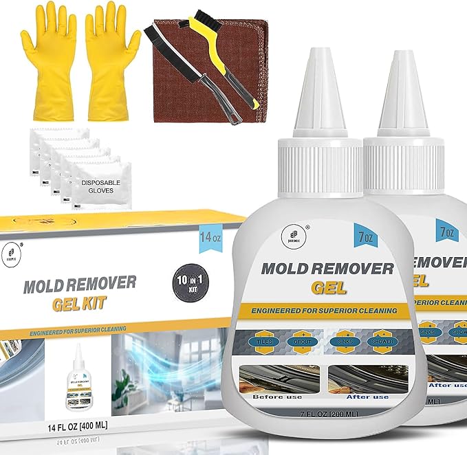 Household Stain Cleaning Gel Kit – 14 FL Oz / 10 in 1 Premium Cleaning Set – Thick Gel Formula for Washing Machine Seals, Tile Grout, Bathroom, Kitchen, Sink – Includes Brushes, Cloth & Gloves