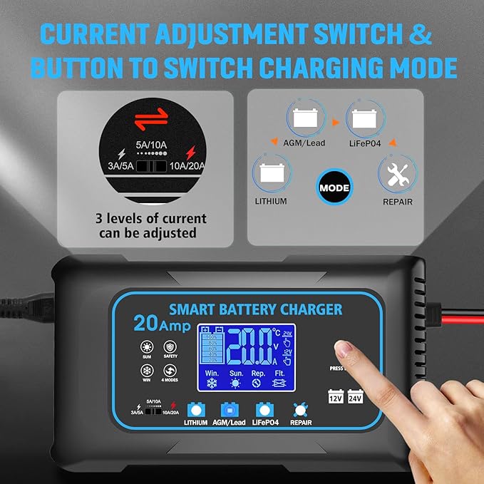 20 AMP Battery Charger, 12V/24V Lead-Acid, Lithium, LiFePo4 Smart Battery Charger, Trickle Charger, Fully Automatic Chargers and Maintainer for Car, Motorcycle, Lawn Mower