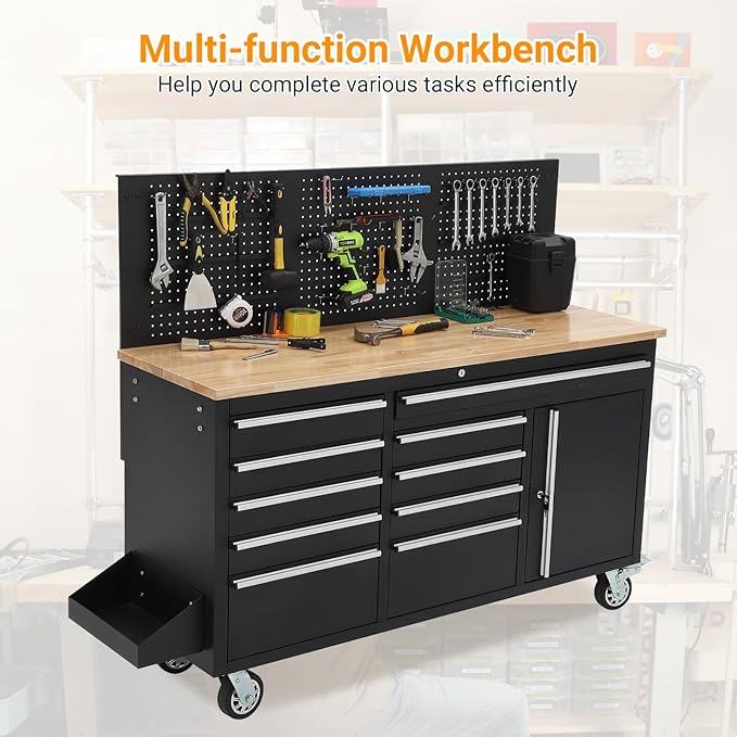 Heavy Duty 61 in Tool Chest Cabinet, Mobile Garage Workbench with 10 Drawers and Power Strip, Rubber Wood Worktop, 1675 LBS Load, Rolling Tool Storage Organizer for Mechanic, Shop or Home Use