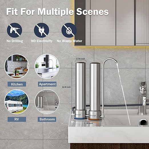Frizzlife DS99 Countertop Water Filter System, NSF 42&372 Certified 8-Stage Stainless Steel Water Filter for Sink Faucet, 0.5 Micron Filter Reduces 99.99% Lead, Chlorine, Heavy Metals, Bad Taste&Odor