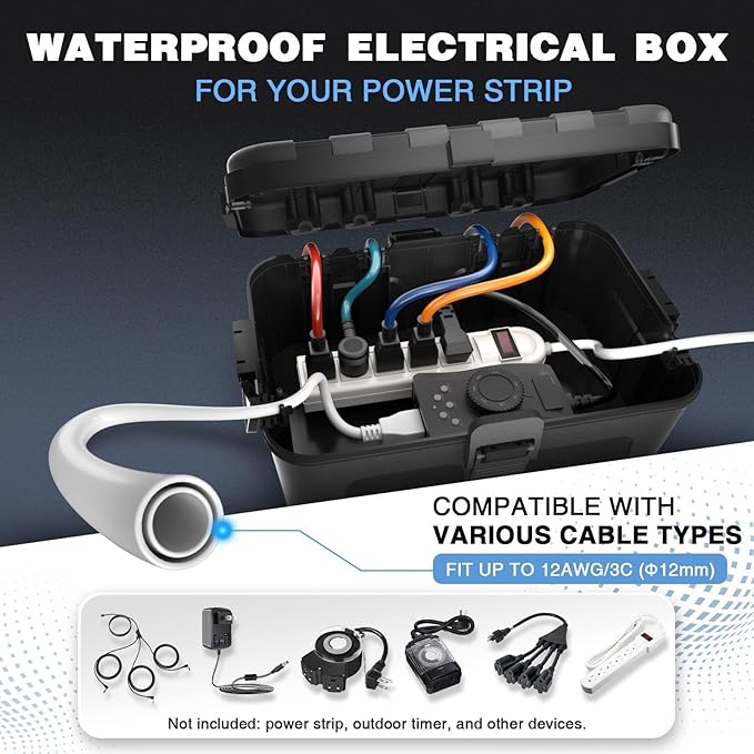 Flemoon Large Outdoor Electrical Box (12.5 x 8.5 x 5 inch), IP54 Waterproof Extension Cord Cover Weatherproof, Protect Outlet, Plug, Socket, Timer, Power Strip, Holiday Light Decoration, Black