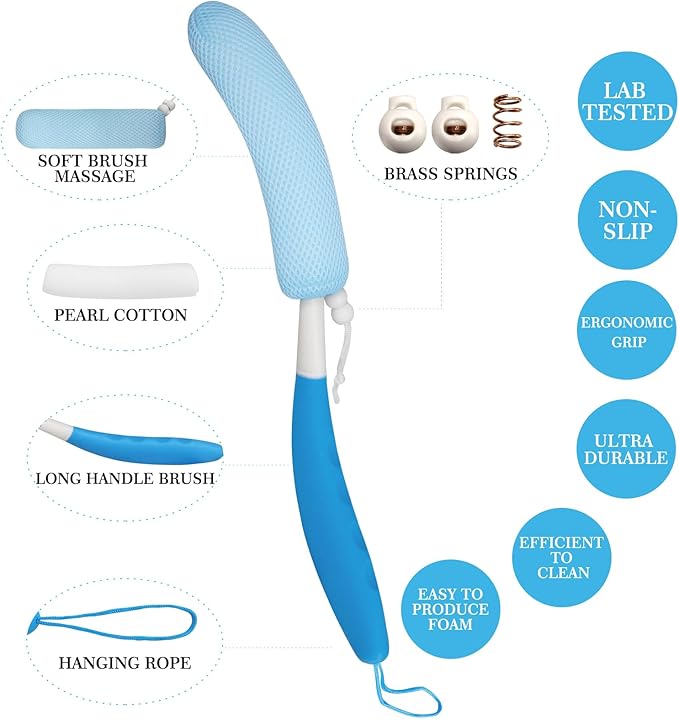 Long Handled Shower Brush, Non-Slip Long Handle Bath Brush, Back Body Brush Gentle Exfoliating and Lather Well Deep Cleansing Long-Lasting for Body