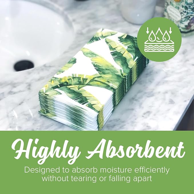 SimuLinen Paper Towels - Decorative Tropical Banana Leaves Design –- Cloth-Like, Linen-Feel for Guest Bathroom Essentials, Size: 12x17” (Pack of 100) Made in Germany