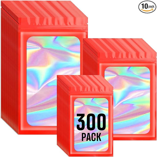 Funfery 300 Pack 3 Size Mylar Holographic Bags with Clear Window,Resealable Bag Smell Proof Foil Baggies Packaging Pouch for Food Storage,Sample,Small Business(Red,3x4.7,4x6,4.7x7.9in)