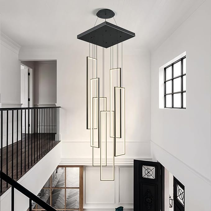 Modern Black Chandelier Dimmable 6 Rings Rectangle Pendant Lighting Living Room Foyer High LED Ceiling Chandelier 4000K Staircase Pendant Light Fixture