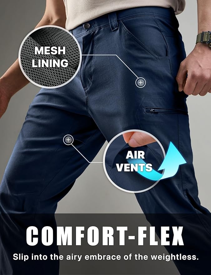 CQR Men's Vent Stretch Pants, Quick Dry Lightweight Casual Cargo Pants, Water Resistant Straight-Fit Utility Work Pants