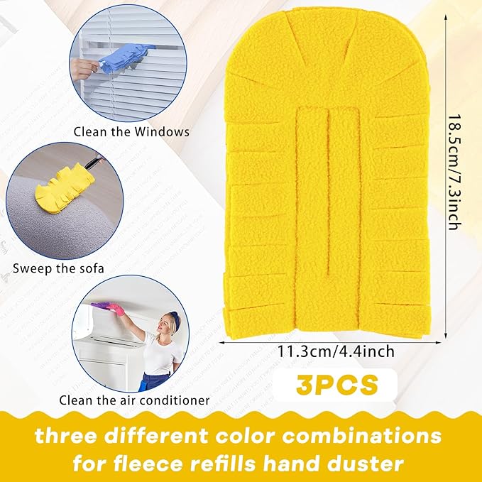 Zubebe 3 Pcs Duster Refill Reusable Fleece Duster Refills Feather Flat Dusters Multi Surface Washable Cleaning Pads Tools for Home, Blinds, Car, Pet, Furniture, Fans (White,Blue,Yellow)