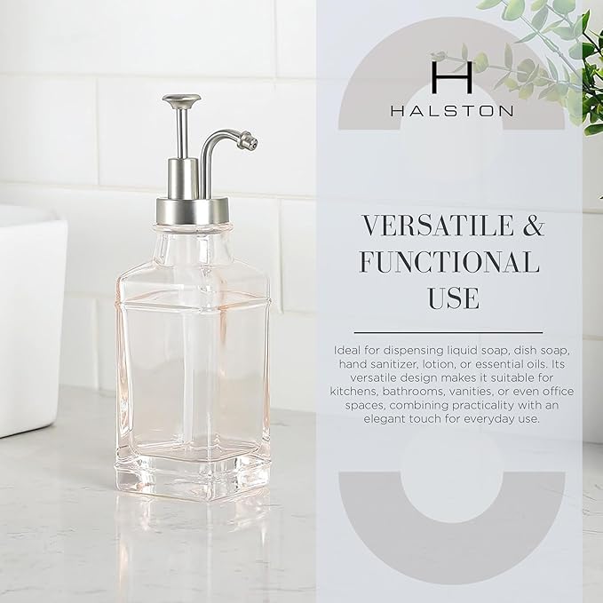 Pink, Blush Glass Soap Dispenser with Brushed Nickel Dispenser Pump, Modern Refillable Pump for Bathroom, Kitchen, or Office, Elegant Accent Piece for Interior Decoration