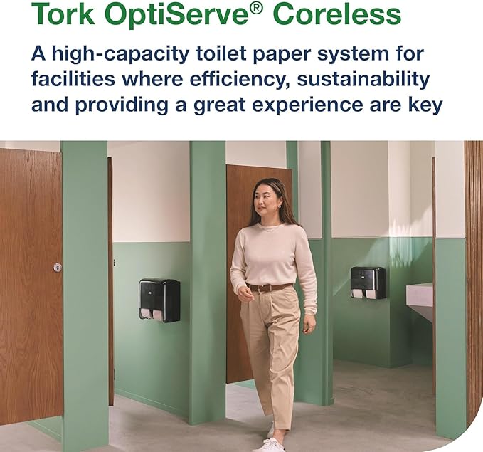 Tork OptiServe 4-Roll Coreless Toilet Paper Dispenser Black T7/T5, Vertical Dispenser, Elevation Design + Tork OptiServe Coreless Toilet Paper White T7, Universal, 2 Ply, 36 x 1000 Sheets