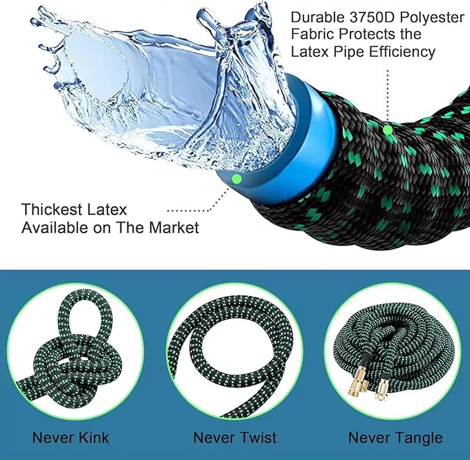 50FT Expandable Garden Hose - with 10-Function Spray Nozzle - Lightweight, Flexible, 3/4" Solid Brass Fittings-Green
