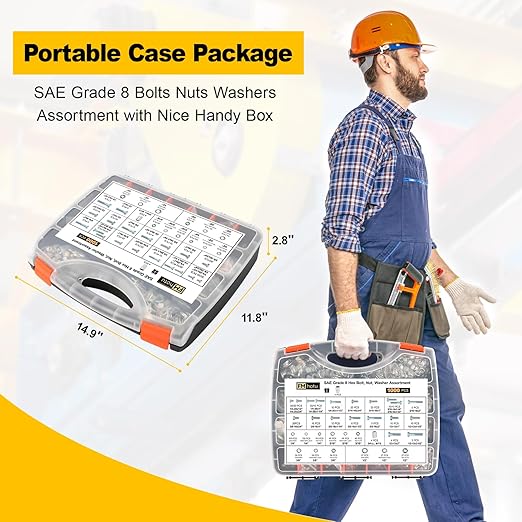 1000PCS Grade 8 Bolt Assortment Kit, Heavy Duty Bolts and Nuts Kit, 1/4-20 5/16-18 3/8-16 1/2-13 SAE Grade 8 Alloy Steel Hex Cap Screws Nuts Washers, Comes with 4 Bits（Zinc Plated）