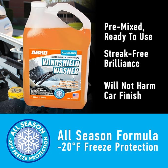 ABRO Car Windshield Washer Fluid: 1 Gallon, All Season/Weather Vehicle Window Cleaner | Streak-Free Clean | Bug and Tar Remover for Cars - 2 Pack