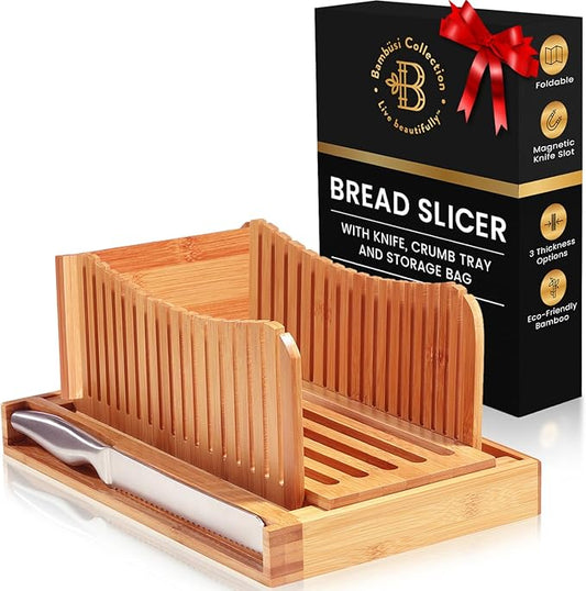 Bread Slicer for Homemade Bread - Adjustable Bamboo Bread Cutter with Knife, Foldable Slicing Guide & Crumb Tray - Bread Loaf Slicer for Sourdough, Cakes, Bagels, Loaves - Kitchen Baking Tool & Gift