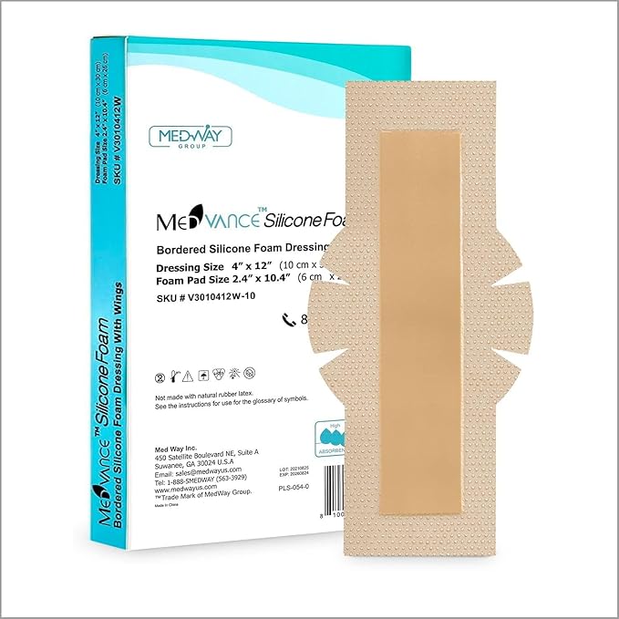 MedVance Bordered Adhesive Silicone Foam Dressing Pack of 10 - Waterproof Silicone Pad - Easy Apply & Remove Sterile Bandages - Wound Care & Dressings for Burns & More (4"x12" Bandage w/Wings)