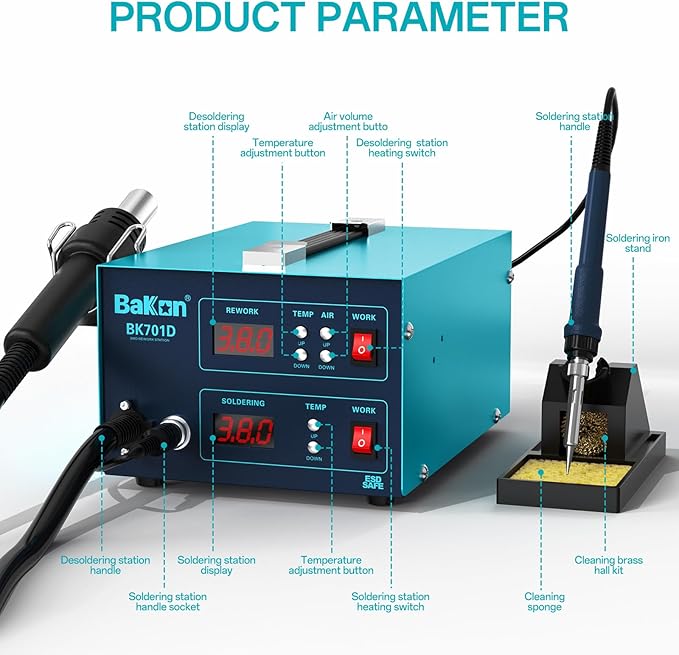 BK701D 700W Soldering Station, 2 In 1 Hot Air Rework & Soldering Iron Station, SMD ESD Safe Solder Station,Electronic Soldering Kit For Mobile Phone Laptop Repair or Circuit Board Soldering