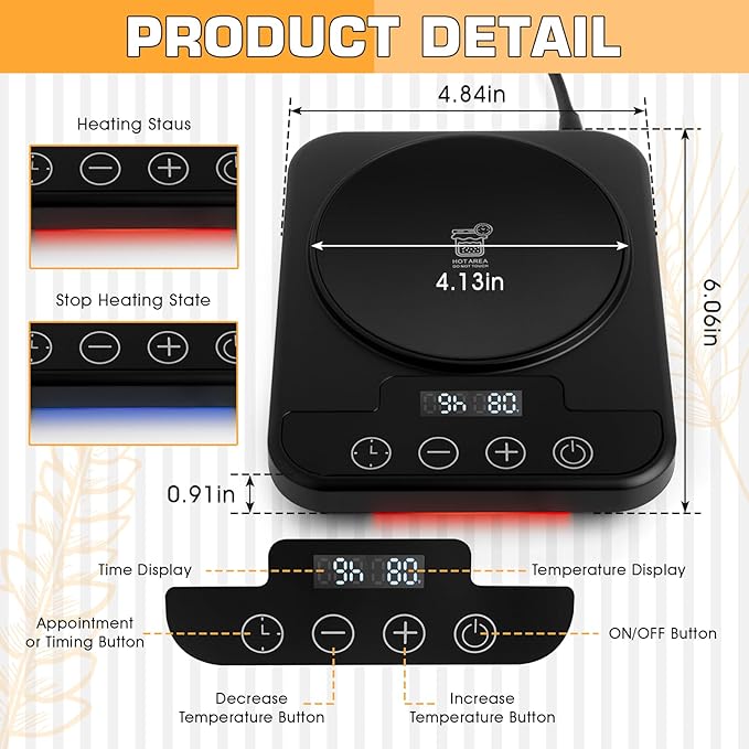 Sourdough Starter Warmer Mat, 12H Timer, Precise 1°F Thermostat Control (70-100°F) Warming Heating Pad, Smart Memory Warming On/Off, Fits Jars Up to 40oz, Perfect for Home Baking (Black)