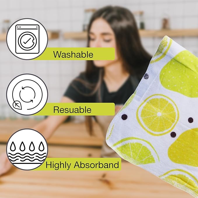 Pack of 10 Reusable Paper Towels | 10x10 Inch Cotton Towels | Kitchen Utensils Print | Eco Friendly, Washable, Quick Drying | Sustainable Cleaning Cloths | Lemons