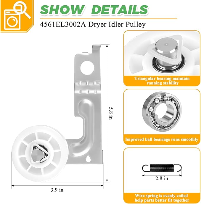 AGM75510755 Dryer Repair Kit with 4581EL2002C Dryer Drum Roller Kit 4400EL2001A Drive Belt 4561EL3002A Idler Pulley & Spring by Techecook - Fit for Lg Kenmore Dryer - Replaces 4400EL2001F 4581EL2002A