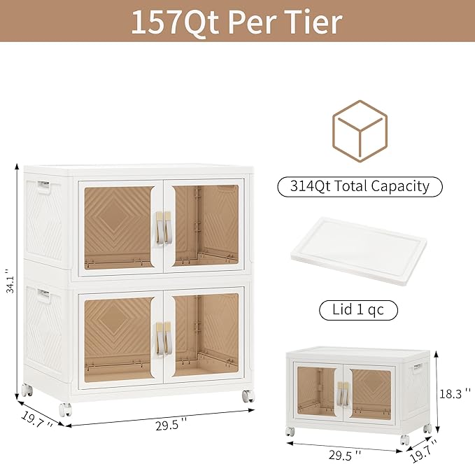 Large Clear Stackable Storage Bins with Lids, Foldable Storage Cabinet for Closet Organizers and Storage, Plastic Storage Box with Wheels 942 QT