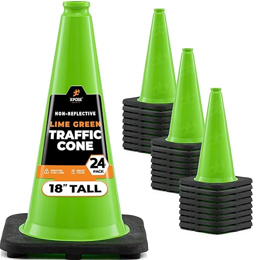 Xpose Safety 18” Lime Green Traffic Cone - 24 Pack - Premium PVC Safety Cone for Parking, Caution, Construction, Road Crews, Emergency Vehicle - DOT Approved