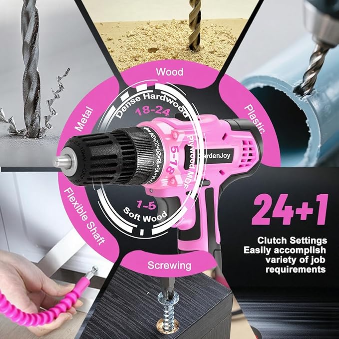 GardenJoy 20v Cordless Drill Set, Power Electric Kit 2 Batteries With Charger 30Nm 2-Speed 3/8" Keyless Chuck 24+1 Position Drill Driver screwdriver Bits with LED Electric Work Light Women DIY