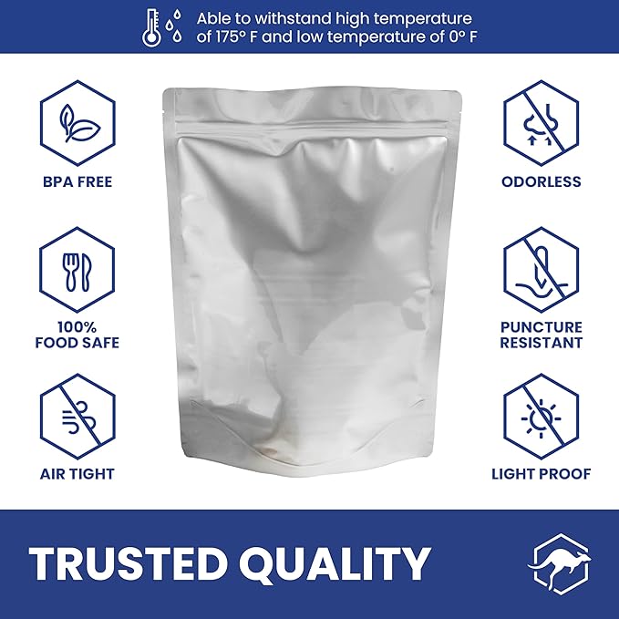 Wallaby 50 Count 2-Quart Gusset Mylar Bags with Labels, 14 Mil Total Thickness Long-Term Food Storage Pouches, 15x12 Stand-Up Zipper Heat-Sealable Airtight Packaging - Silver