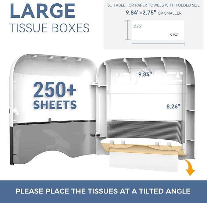 Commercial Paper Towel Dispenser Wall Mount Adhesive 250+ Multifold Trifold c-Fold Folded Hand Towel Dispenser for Bathroom 12" L x 3.8" W x 11.9" H