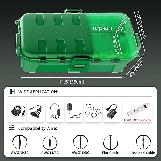 QUOBAS Outdoor Waterproof Electrical Box with 6 Cable Ports, IP54 Weatherproof Heavy-Duty Extension Cord Cover for Power Strips, Garden Power Tools, Holiday Lights, Green