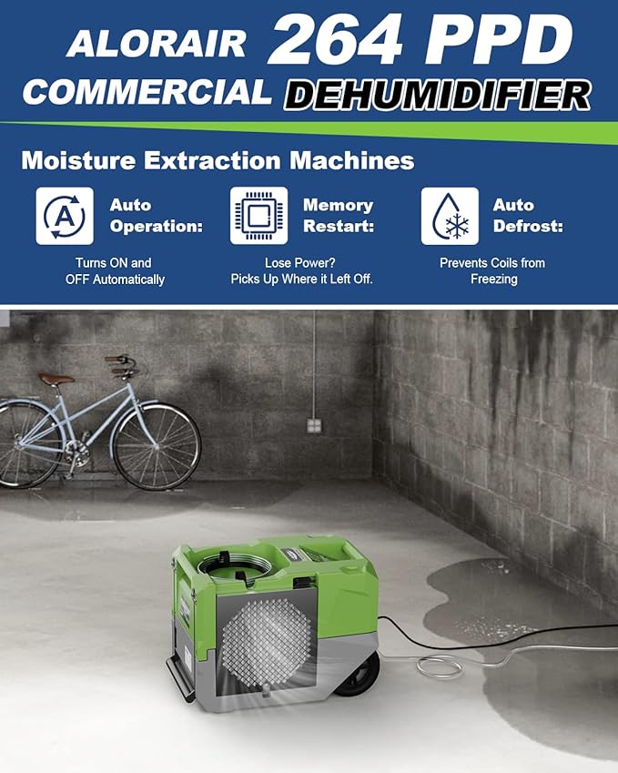 ALORAIR LGR Commercial Dehumidifier 264 PPD with Pump, Up to 3,000 Sq.Ft Industrial Dehumidifier, Compact, Portable, for Water Damage Restoration, Basement, Crawl Space, Green