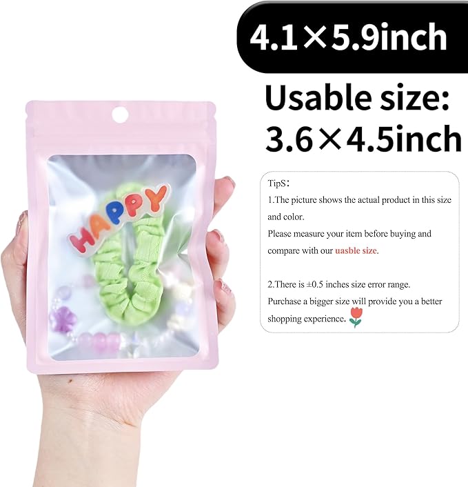 100 Pack Resealable Plastic Bags for Food Storage, Zipper Bags with Clear Front Window, Packaging Pouch for Small Business (Pink, 4.1x5.9 inch)