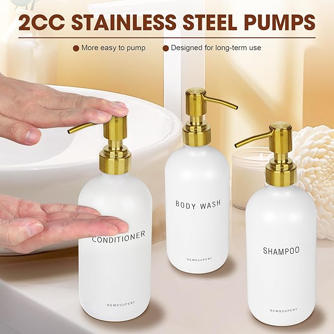 Glass Shampoo and Conditioner Dispenser-Shampoo Dispenser for Shower-16.9 fl oz Set of 3 Refillable Glass Bottles with Pump and Labels-Shower Soap Dispenser for Bathroom(White)