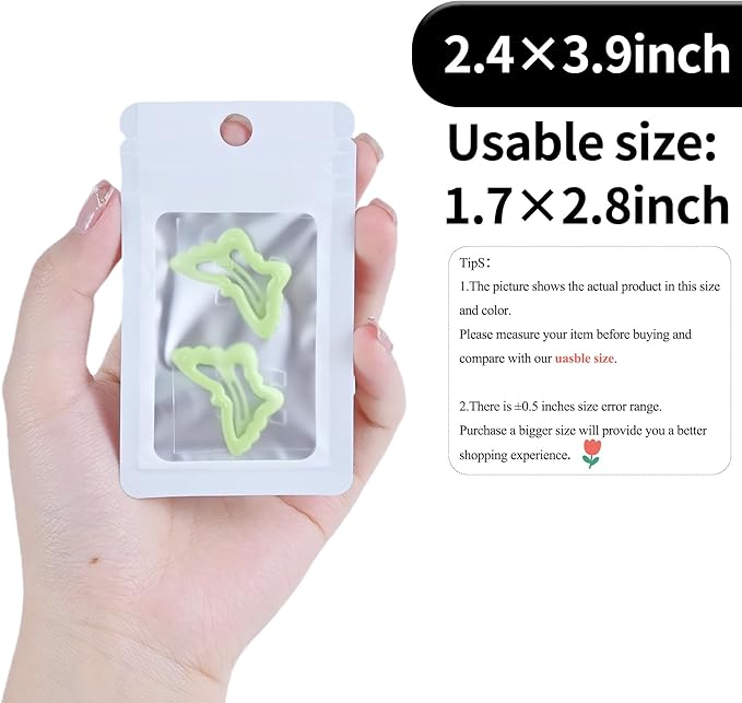 100 Pack Resealable Plastic Bags for Food Storage, Zipper Bags with Clear Front Window, Packaging Pouch for Small Business (White, 2.4x3.9 inch)