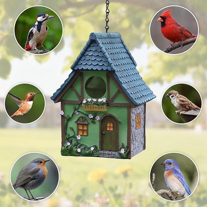 Cottage Garden Birdhouse – Green Resin Outdoor Decorative Bird House with Flower and Stone Details, Weatherproof for Backyard or Porch