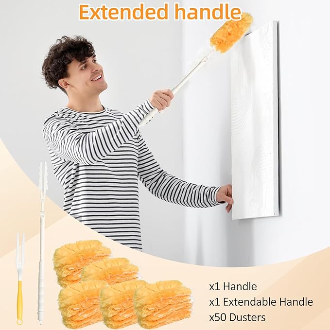 Duster Refills for Swiffer Duster,Heavy Duty Microfiber Dusters Kit with Replacement 360 Feather Dusters(50) + 3FT Extended Handle +1 Short Handle for Cleaning Blinds,Ceiling,Furniture
