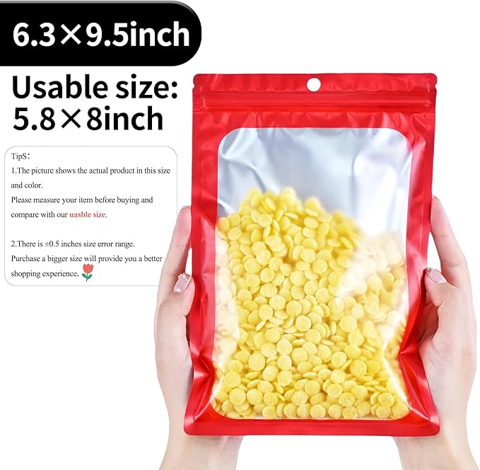 100 Pack Resealable Plastic Bags for Food Storage, Zipper Bags with Clear Front Window, Packaging Pouch for Small Business (Red, 6.3x9.5 inch)
