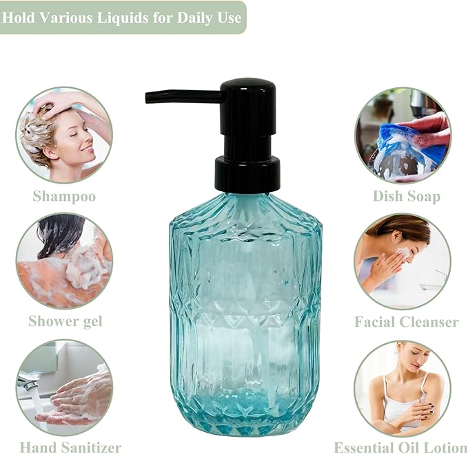 Blue Glass Soap Dispenser with Black Pump, 15oz Liquid Hand Dispenser, Refillable Lotion Dish Soap Dispenser for Modern Home Decor, Bathroom, Kitchen Countertop, Hotel
