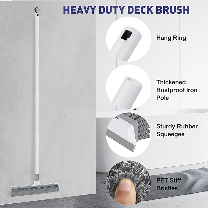 Floor Scrub Brush with 60 inch Long Handle, 2 in 1 Heavy Duty Stiff Bristle Floor Scrubber Brush and Scraper for Cleaning Shower, Tile, Bathroom, Kitchen, Deck, Garage, Patio