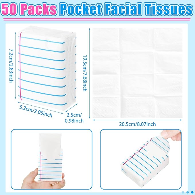 Ctosree 50 Pack Classroom School Pocket Tissues Travel Packs Bulk 500 Sheet Small Notebook Tissues Pocket Packs 3 Ply Mini Travel Size Individual for Student Teacher (Classic)