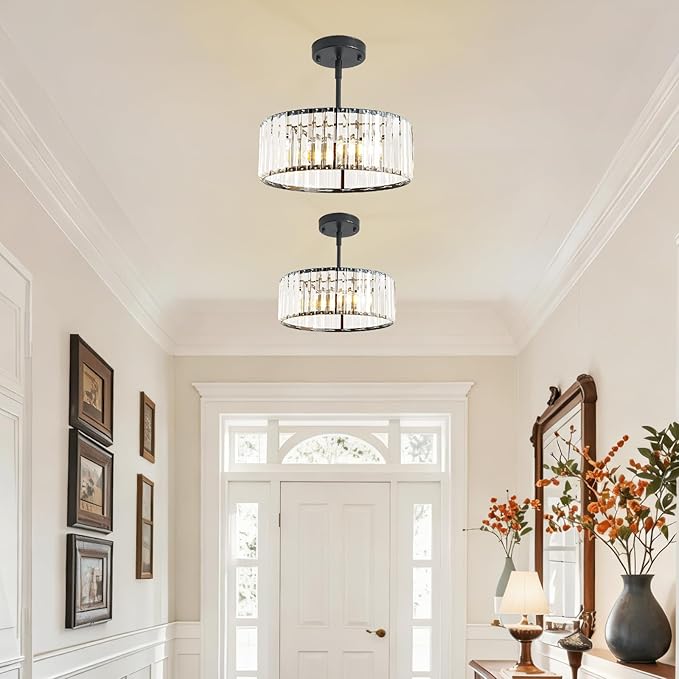 Black Crystal Chandelier for Dining Room,Modern Semi Flush Mount Ceiling Light Fixtures,3-Ligh Round Kitchen Hanging Drum Pendant Light Fixture for Hallway Entryway Foyer Laundry Room, 12''