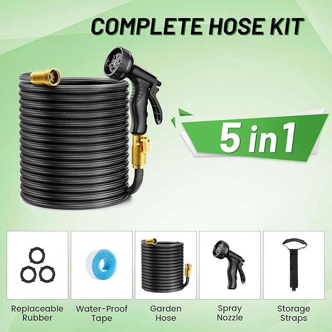 Non-Expandable Garden Hose 100 ft, Flexible Water Hose with 10 Function Nozzles, Leak-Proof Design High-Density Fabric&Shut-Off Valve, Hose Straps Garden Hose Pipe for Car Wash, Yard, Camper, Lawn